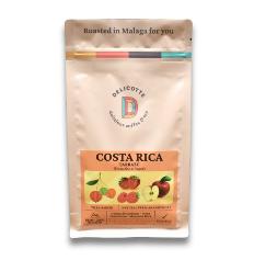 Bolsa de café de especialidad Costa Rica de la tienda de café de especialidad, con ilustraciones de cerezas de café y manzanas.