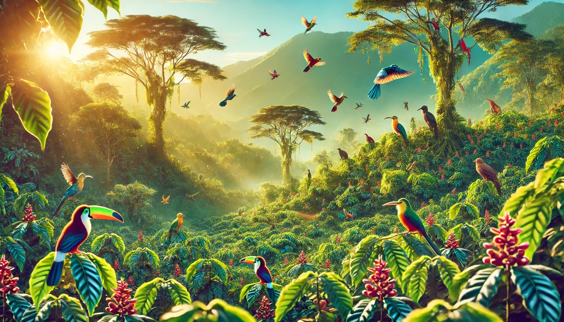 Paisaje de plantación de café en selva tropical con tucanes, colibríes y árboles frondosos, ideal para tienda de café de especialidad.