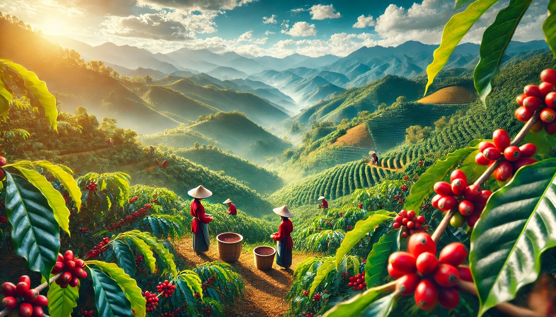 Plantación de café de especialidad en montaña con trabajadores cosechando cerezas de café, ideal para tienda de café de especialidad.